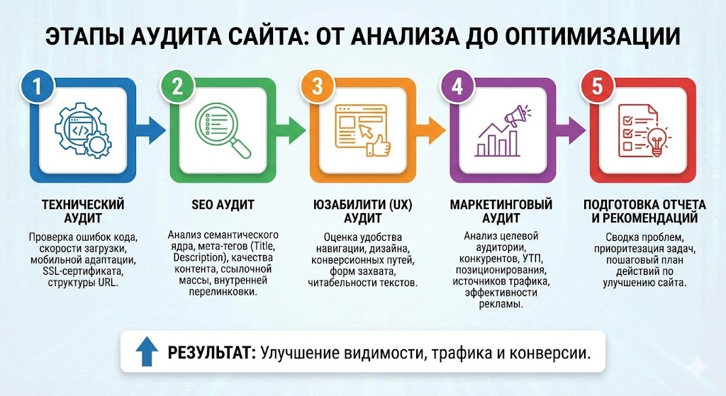 инфографика с этапами аудита сайта