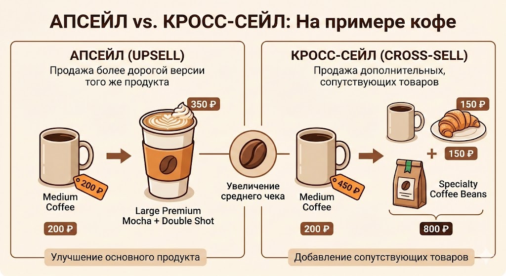 инфографика с наглядным примером апсейла и кросс-сейла на примере кофе