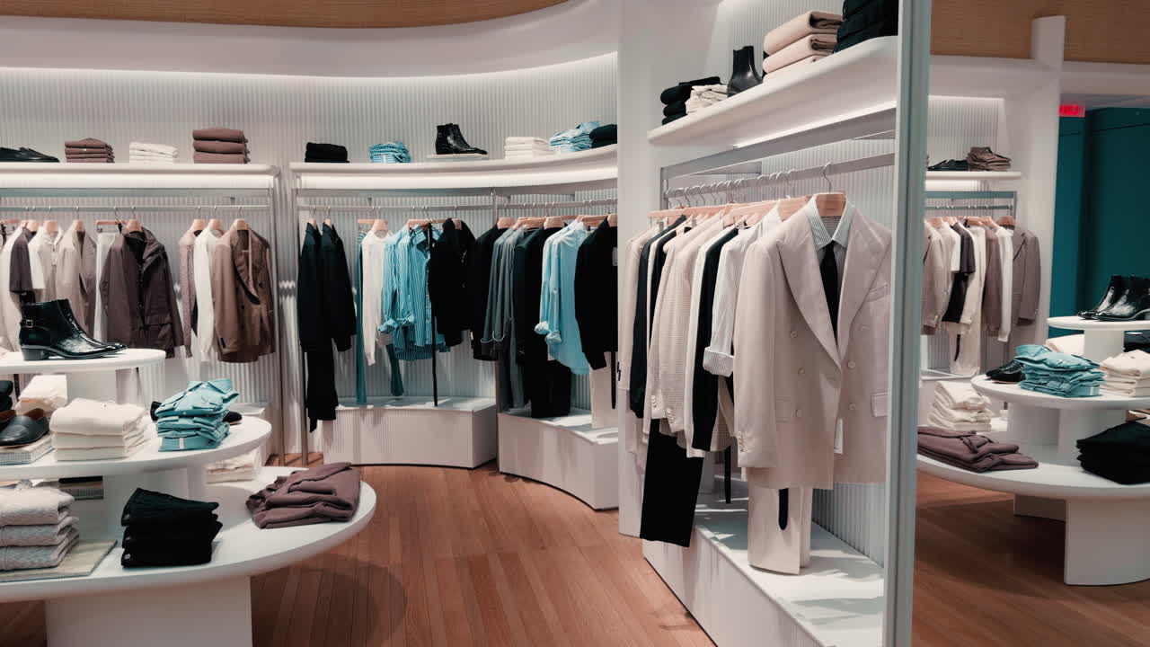 стильный интерьер магазина одежды с вешалками и товаром стильный интерьер магазина одежды с вешалками и товаром